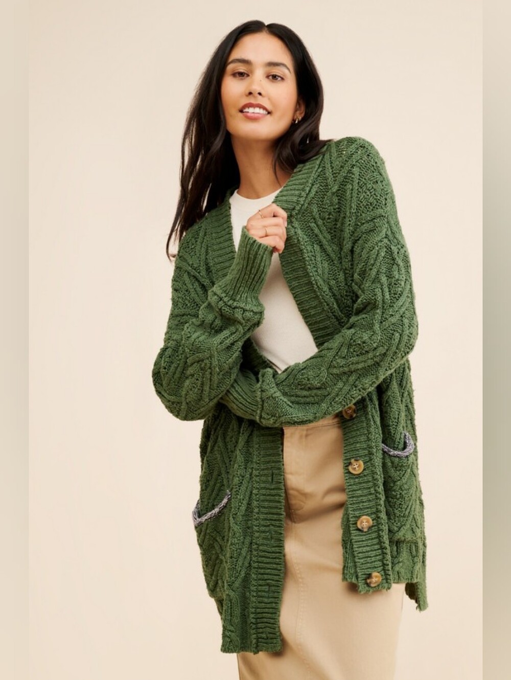 Free People Montana Cable Cardigan Green XS Oversized Cotton Knit